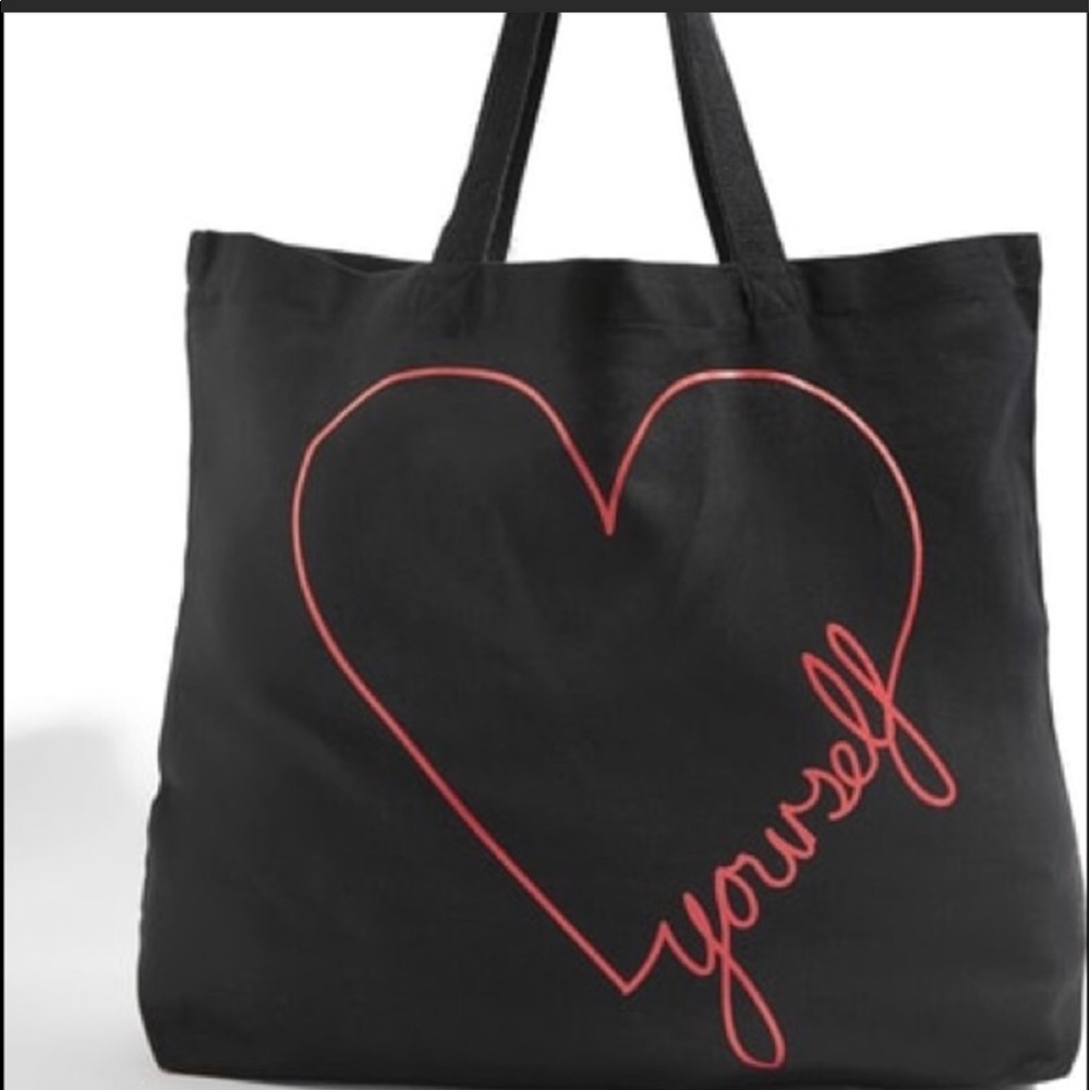 NORDSTROM TOPSHOP LOVE YOURSELF CANVAS TOTE BLACK WITH RED NWOT